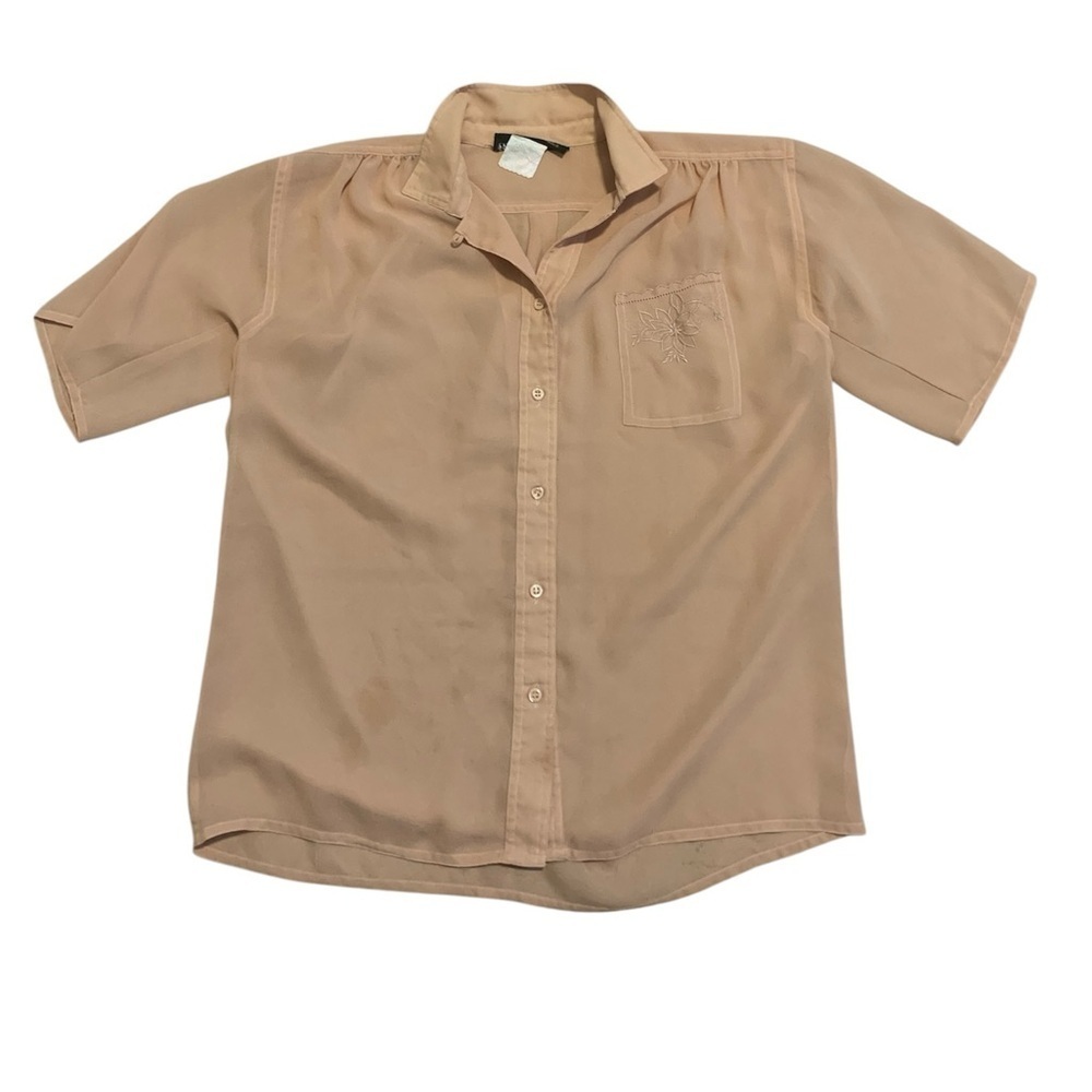 Vintage 70s Philippe Ronsard Paris Peach Short Sleeve Blouse Size M/L